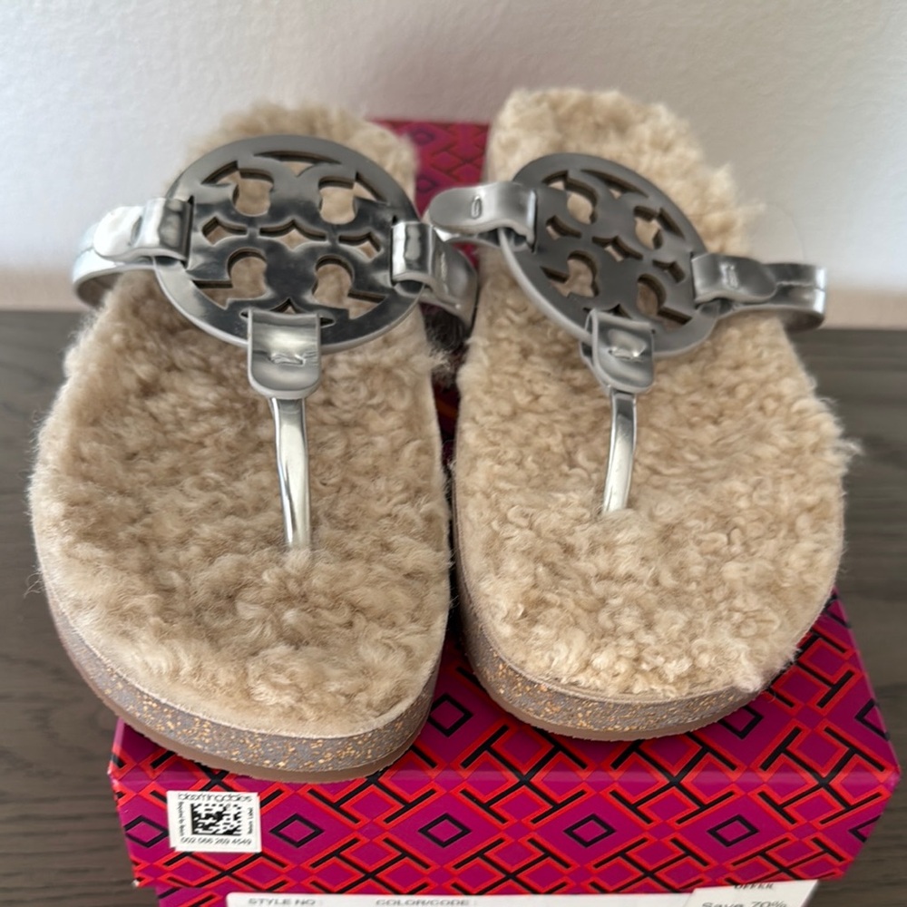 Tory Burch Shearling Sandals with Silver Accents